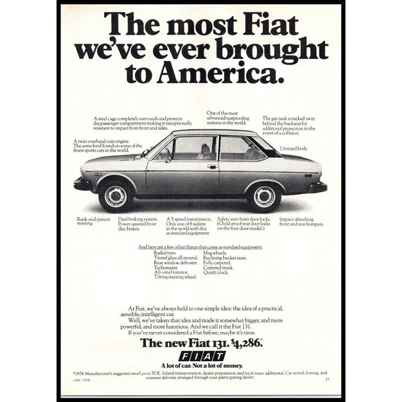 1976 Fiat 131 2 Door Sedan Vintage Print Ad Side View Man Cave Wall Art Photo - Picture 1 of 1
